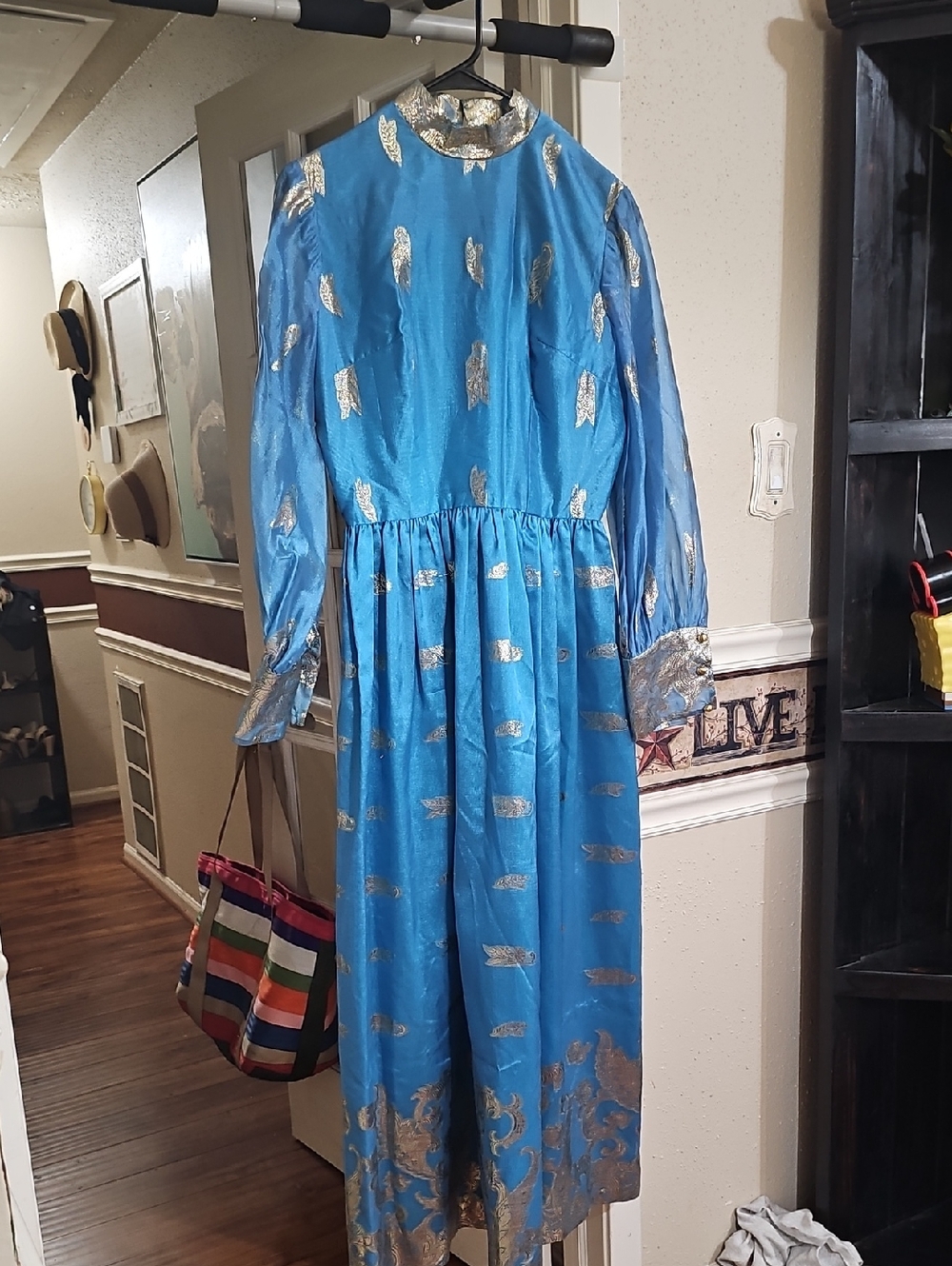 Vintage Blue Metallic Accent Long Sleeve Maxi Dress Sz S